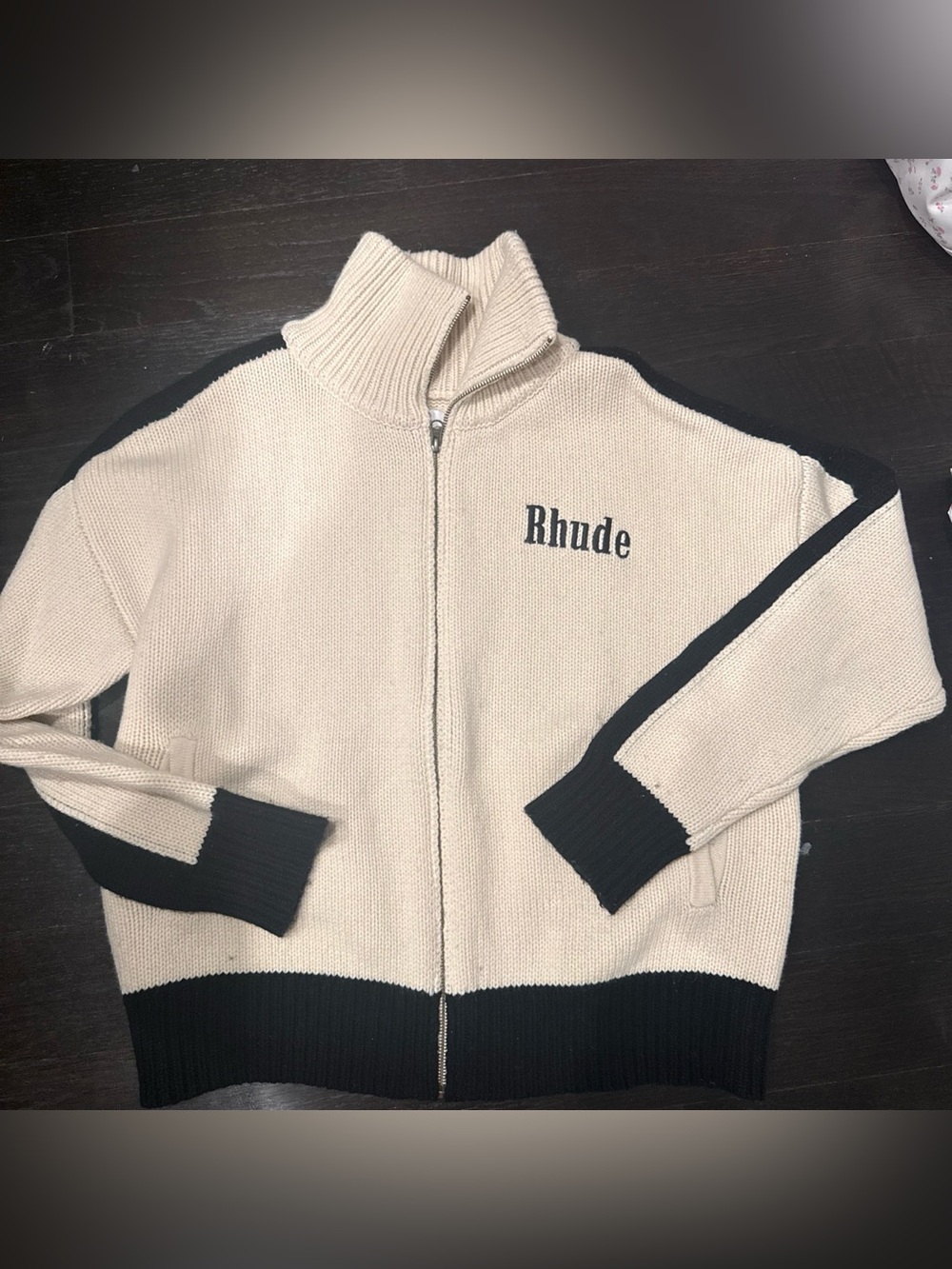 Rhude Women’s Cream Zip-Front Knit Sweater with Black Trim